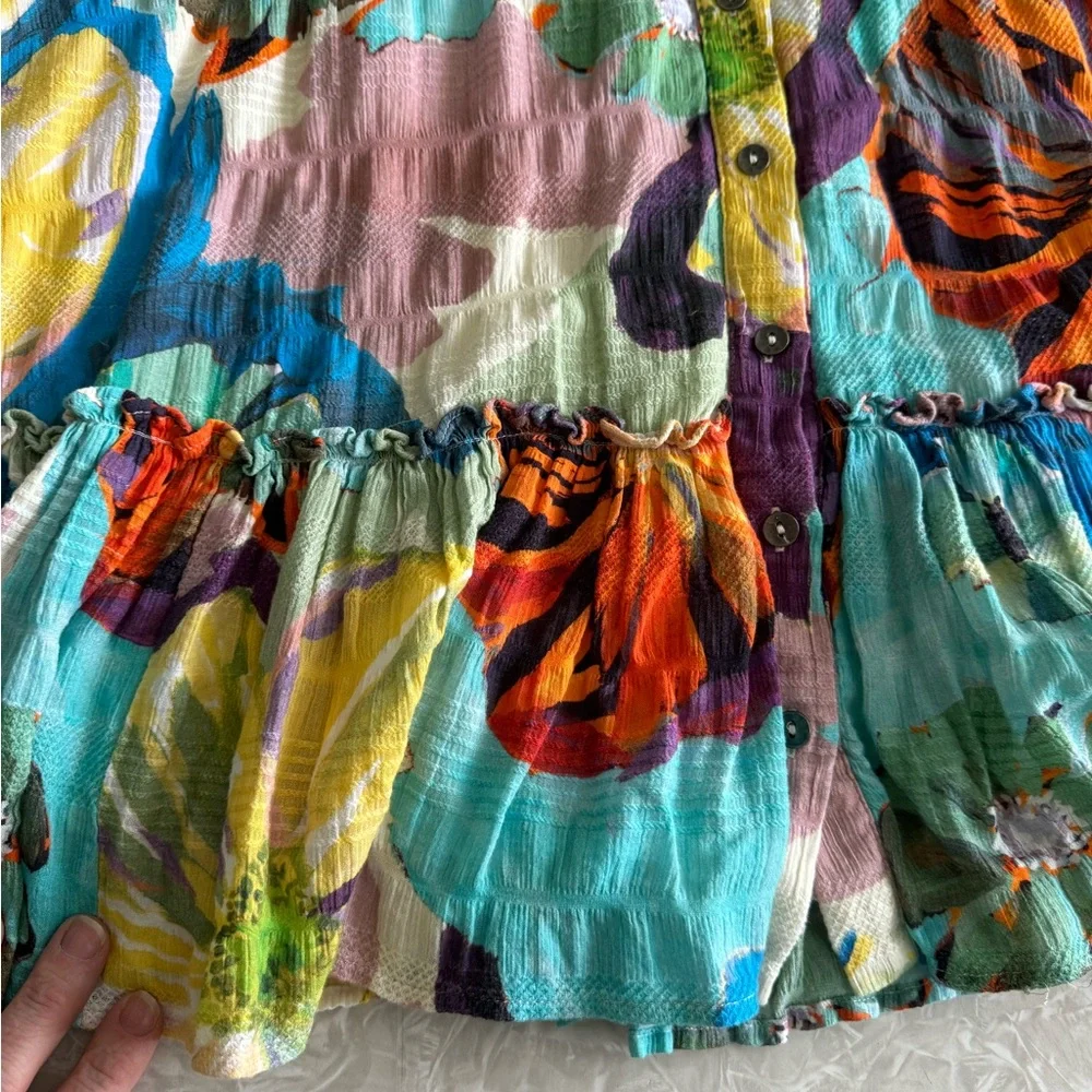 Maeve Anthropologie Zola shirt tunic button up dress floral artsy smocked XSP - Picture 4 of 5